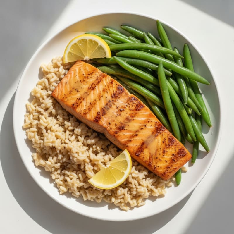Seared Salmon with Steamed Green Beans and Brown Rice
