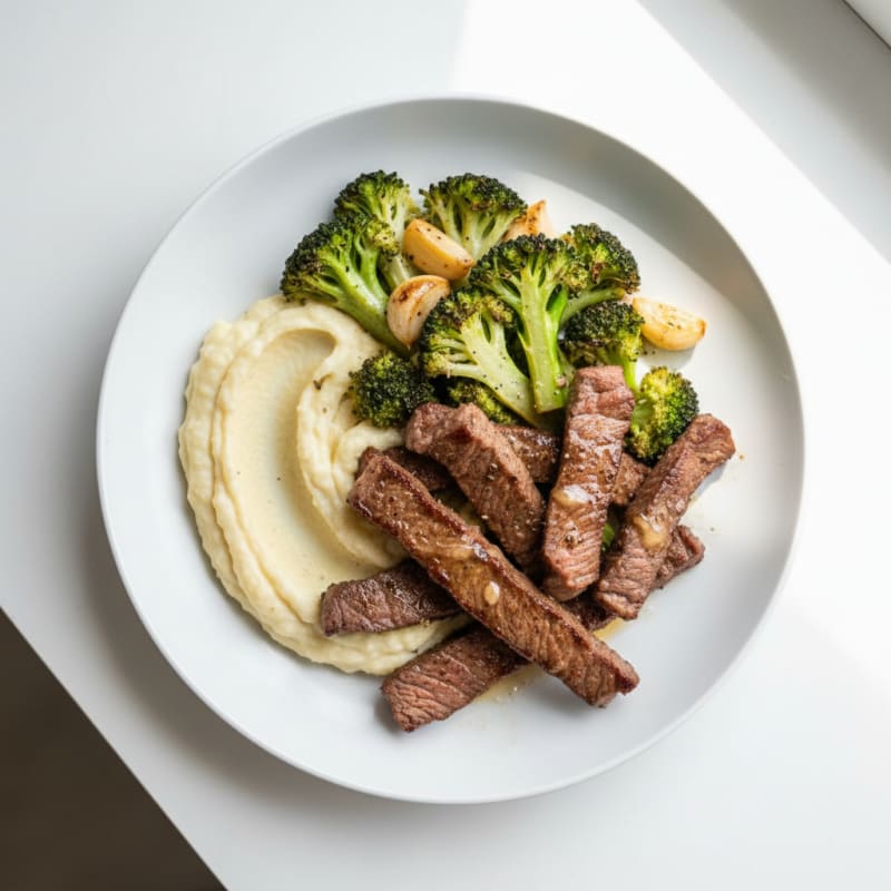 Seared Lean Beef Strips with Roasted Broccoli and Garlic Cauliflower Mash