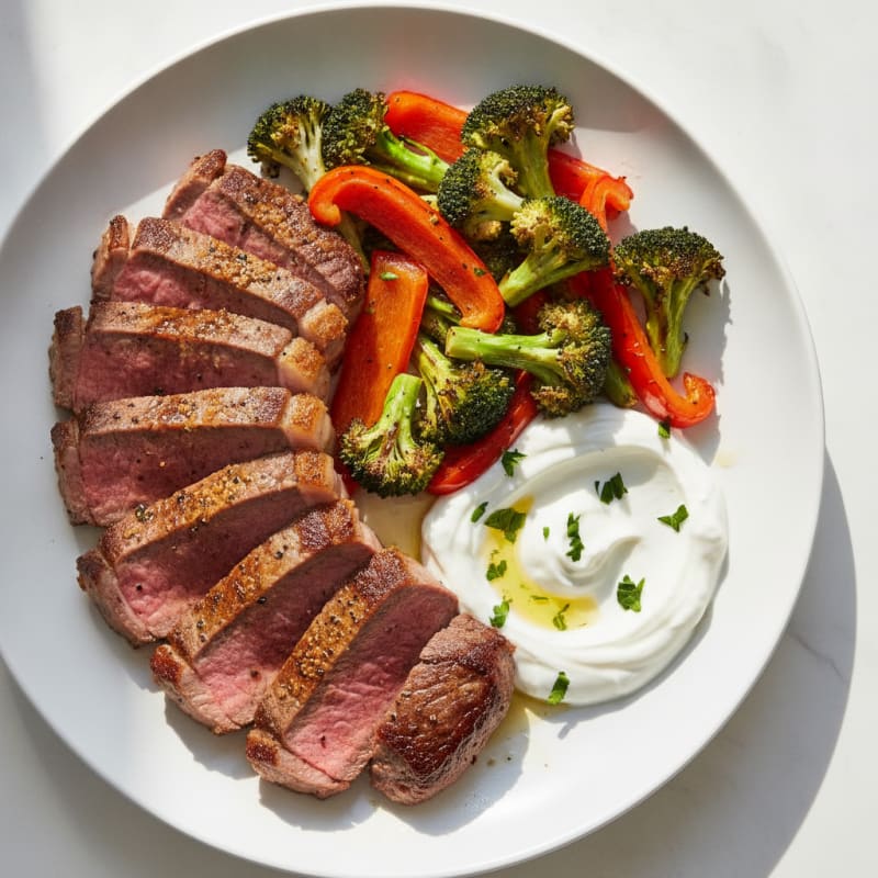 Seared Steak with Roasted Veggies and Creamy Greek Yogurt Dip