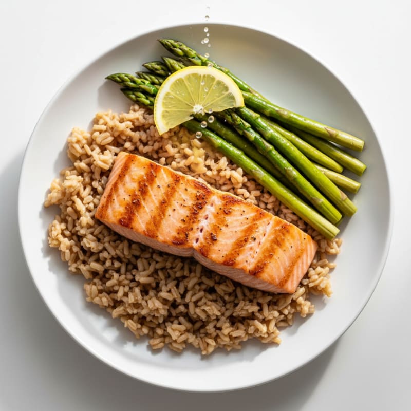 Seared Salmon with Steamed Asparagus and Brown Rice