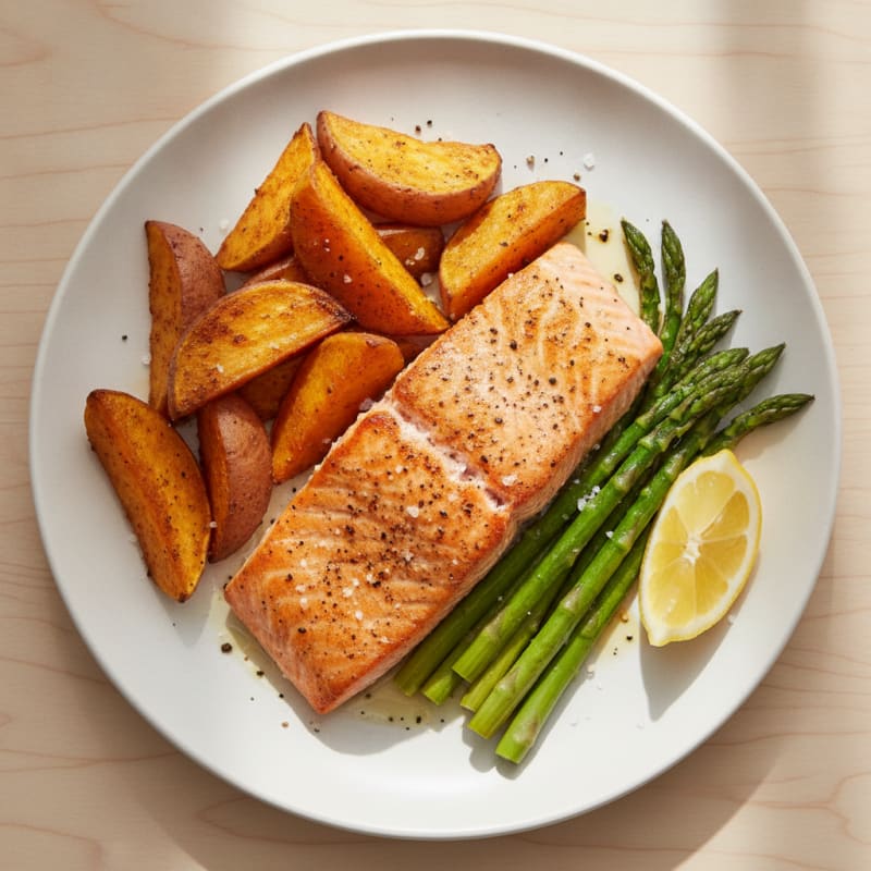 Seared Salmon with Roasted Sweet Potatoes and Asparagus