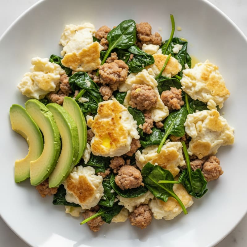 Egg White and Turkey Sausage Scramble with Sautéed Spinach