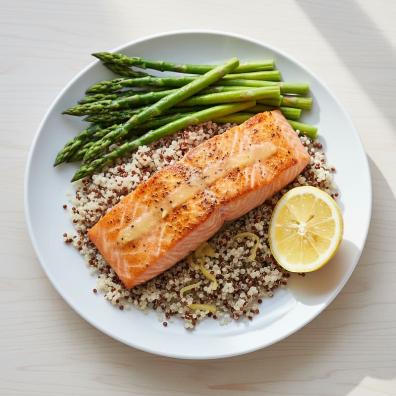 Seared Salmon with Steamed Asparagus and Quinoa