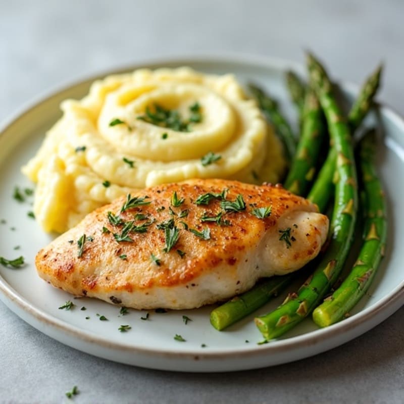 Pan-Seared Lemon Herb Chicken with Creamy Garlic Mashed Potatoes and Roasted Asparagus