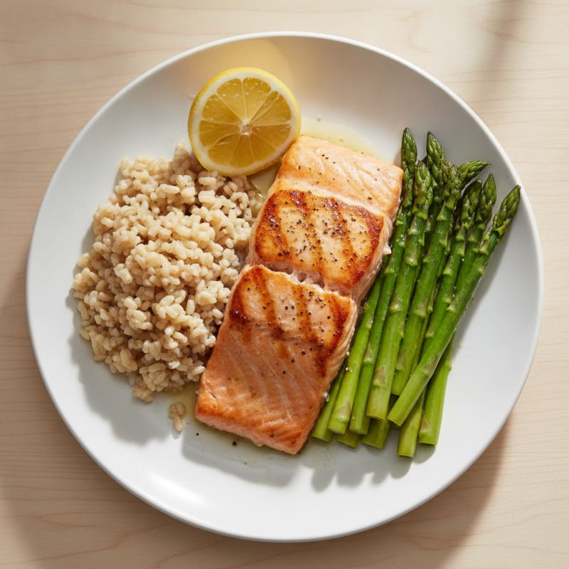 Seared Salmon with Steamed Asparagus and Brown Rice
