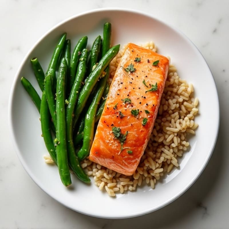 Seared Salmon Fillet with Garlic Green Beans and Brown Rice