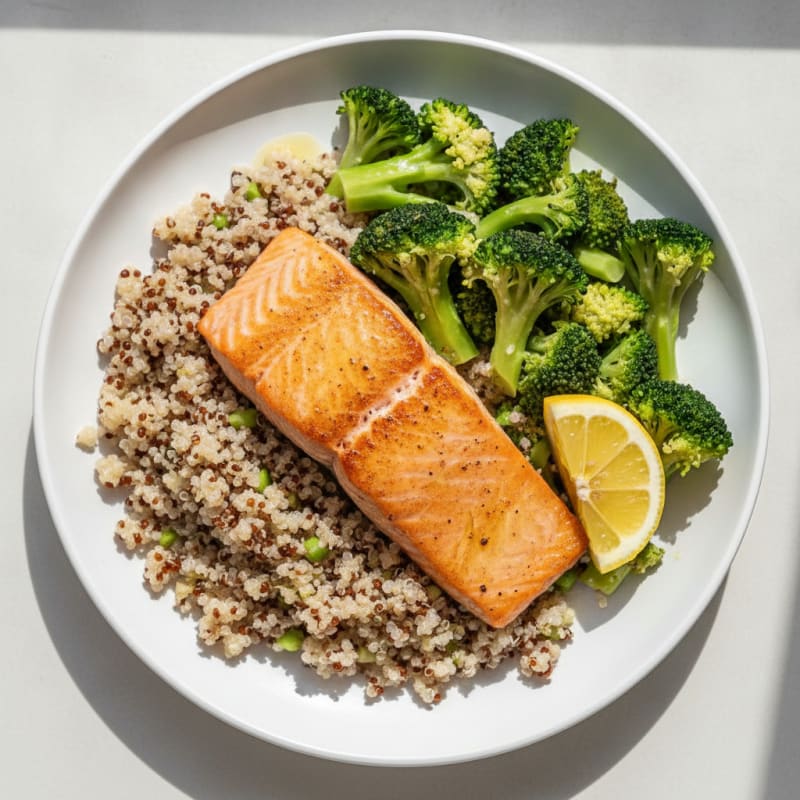 Seared Salmon Fillet with Steamed Broccoli and Quinoa