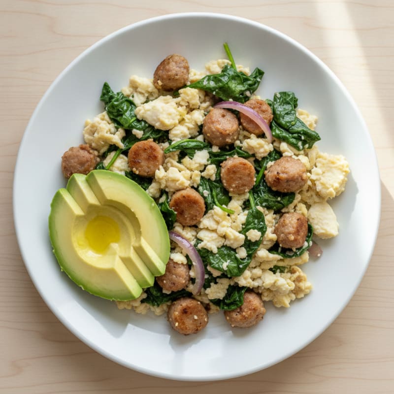 Egg White Scramble with Turkey Sausage and Sautéed Spinach