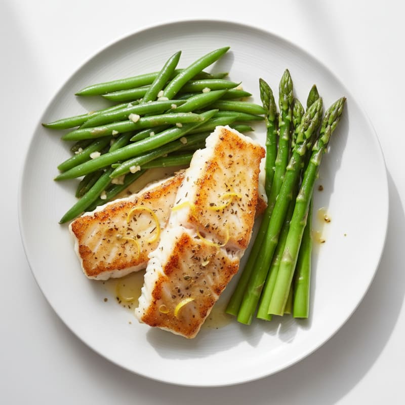 Seared White Fish with Garlic Green Beans and Steamed Asparagus