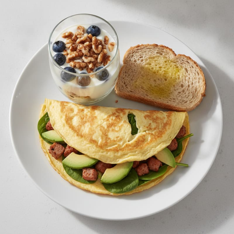 Egg White Omelette with Turkey Sausage and Greek Yogurt Parfait