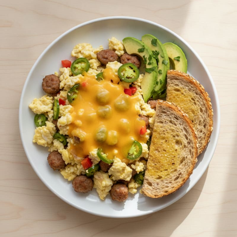 Jalapeño Cheddar Egg White Scramble with Turkey Sausage