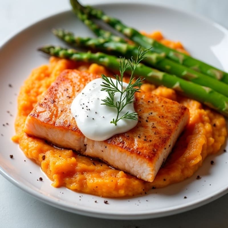Seared Salmon with Roasted Asparagus and Sweet Potato Mash