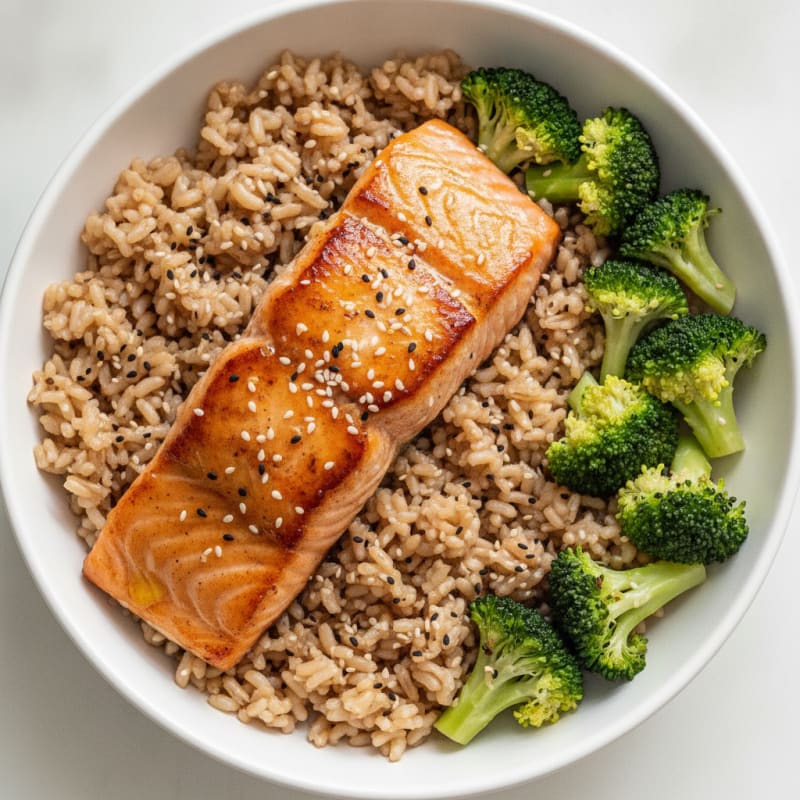 Seared Salmon with Steamed Broccoli and Brown Rice