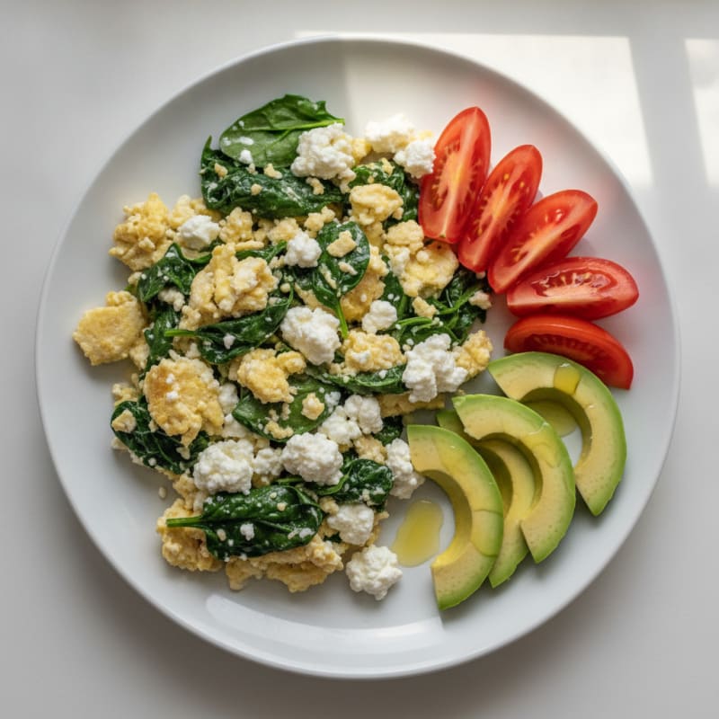 Egg White and Spinach Scramble with Cottage Cheese and Sliced Tomatoes