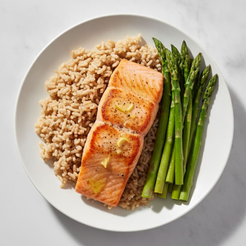 Seared Salmon Fillet with Steamed Asparagus and Brown Rice