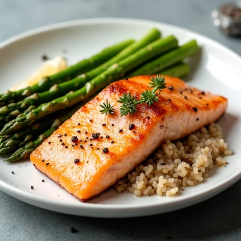 Seared Salmon Fillet with Steamed Asparagus and Brown Rice