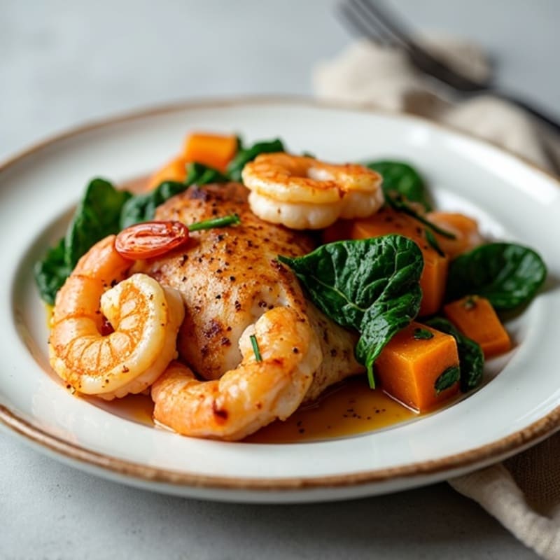 Pan-Seared Chicken and Shrimp with Roasted Sweet Potatoes and Wilted Spinach