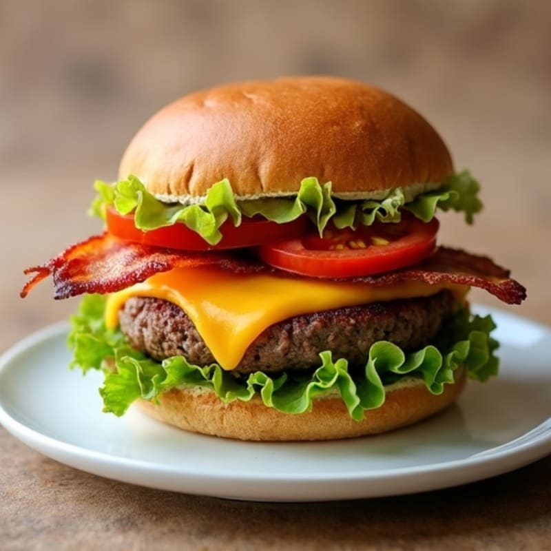 Lean Ground Beef Burger with Crispy Turkey Bacon and Melted Cheddar