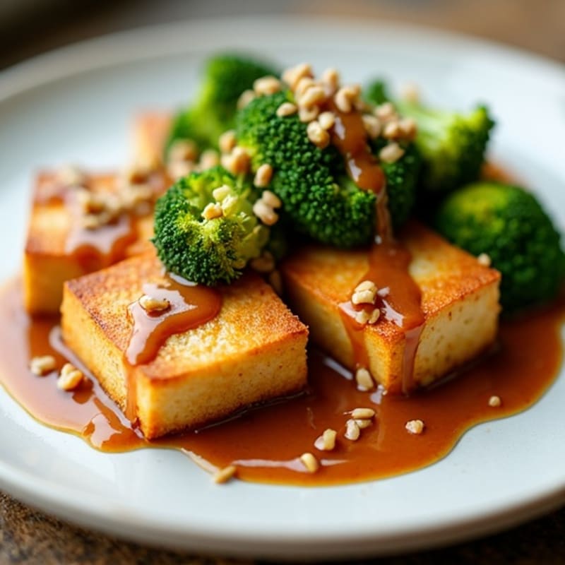 Crispy Tofu with Roasted Broccoli and Peanut Sauce