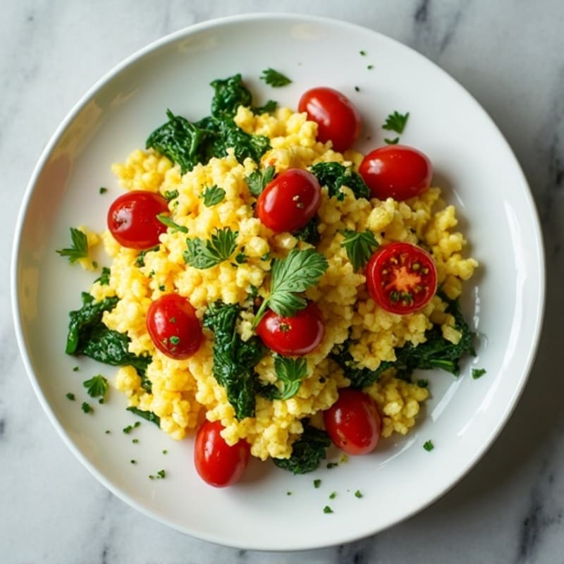 Fluffy Herb Scrambled Eggs with Fresh Spinach and Cherry Tomatoes