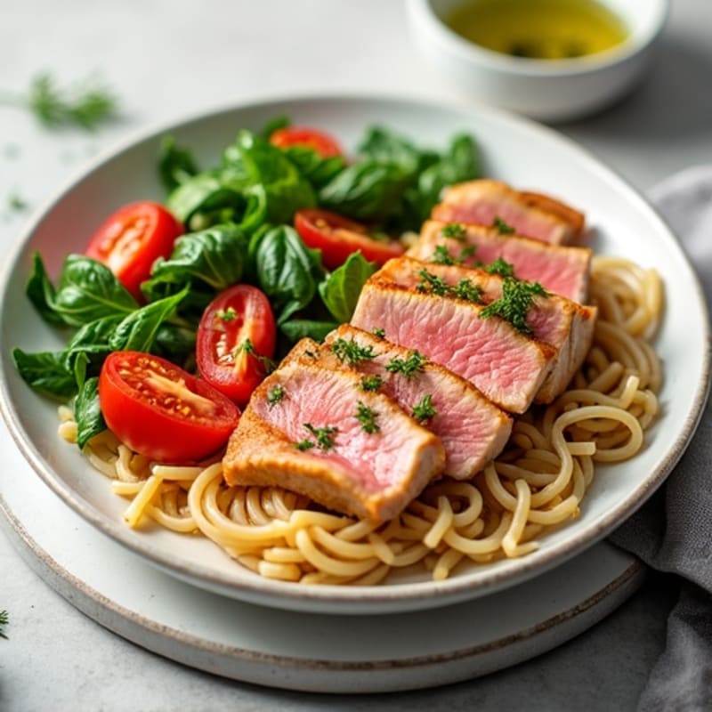 Fresh Tuna Whole Wheat Pasta with Crisp Vegetables and Lemon-Herb Dressing