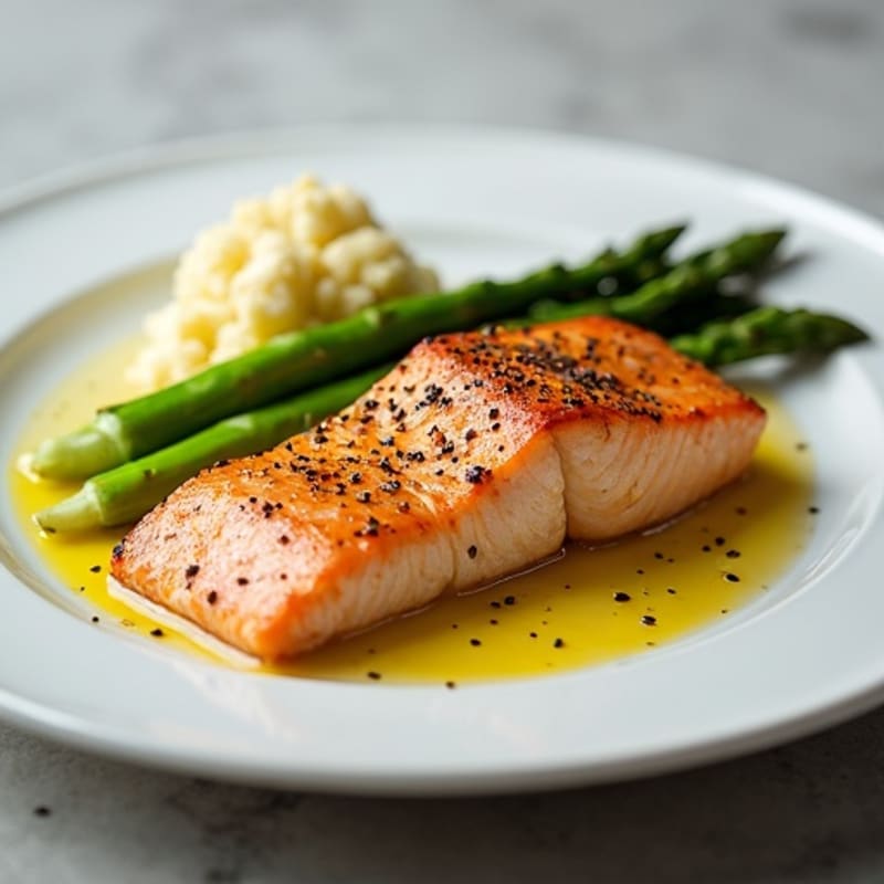 Seared Salmon Fillet with Steamed Asparagus and Cauliflower Mash