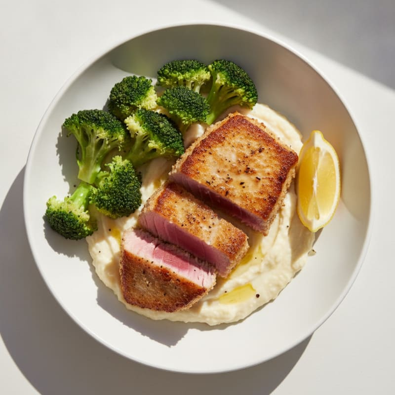 Seared Tuna Steak with Steamed Broccoli and Cauliflower Mash
