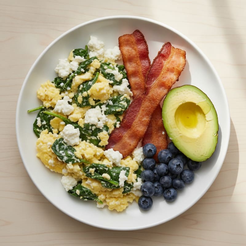 Cottage Cheese Scramble with Spinach and Turkey Bacon