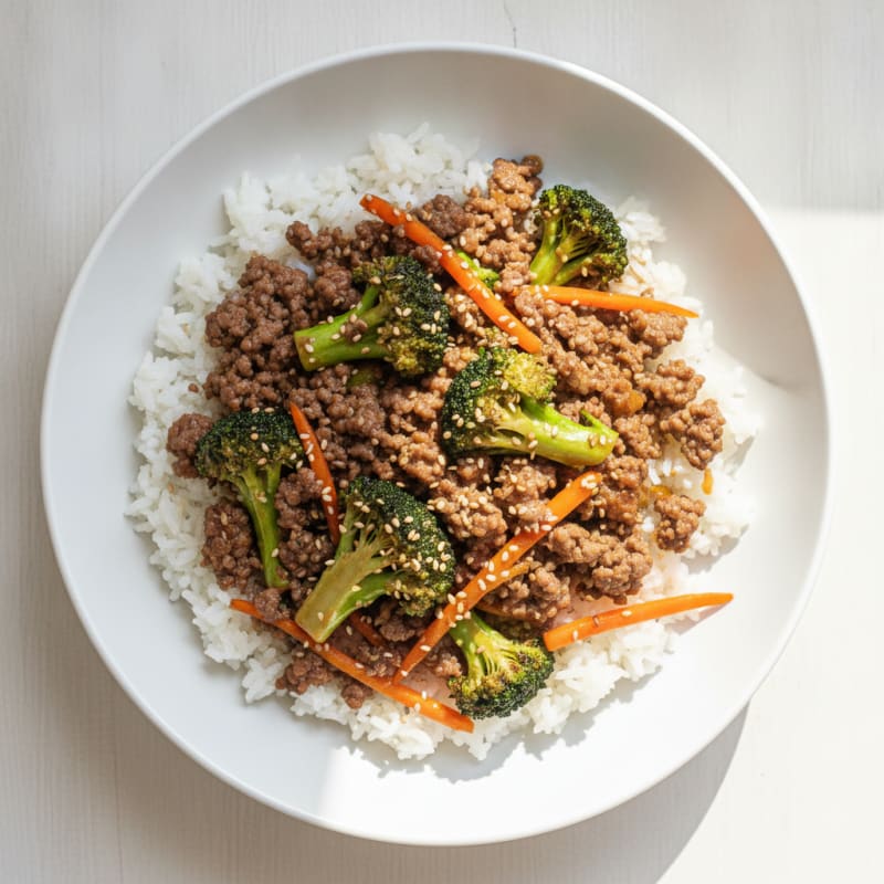 Lean Beef Mince and Broccoli Stir Fry with Steamed Rice