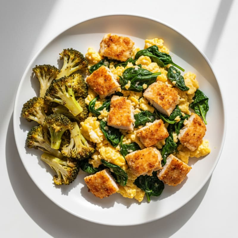 Crispy Chicken and Spinach Egg Scramble