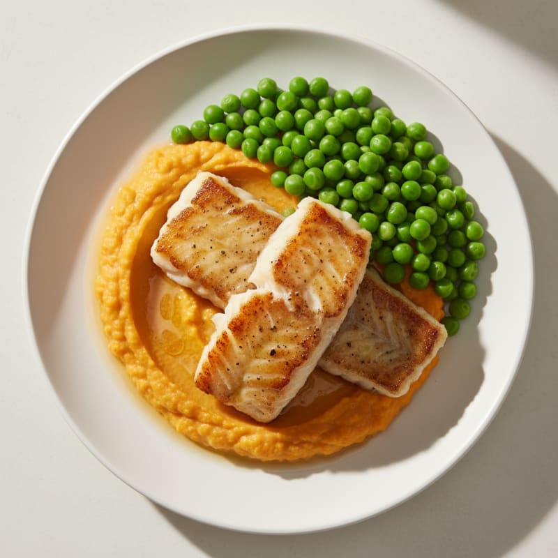 Seared Fish Fillets with Creamy Yam Mash and Steamed Peas