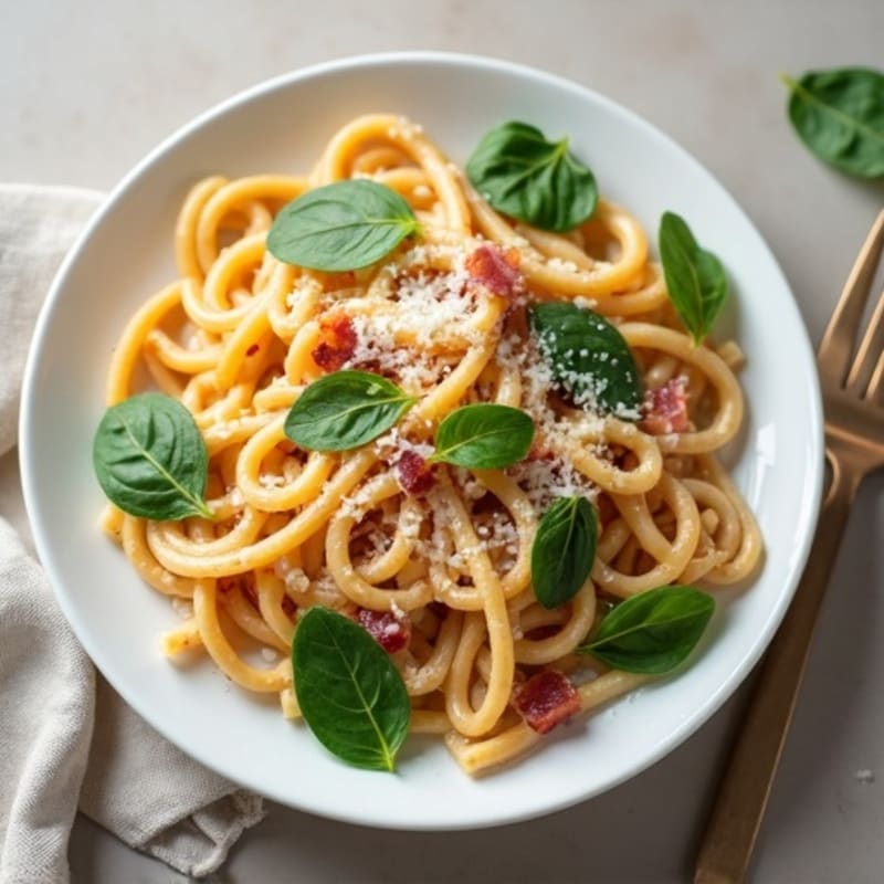 Creamy Whole Wheat Pasta Carbonara with Lean Turkey Bacon and Wilted Spinach
