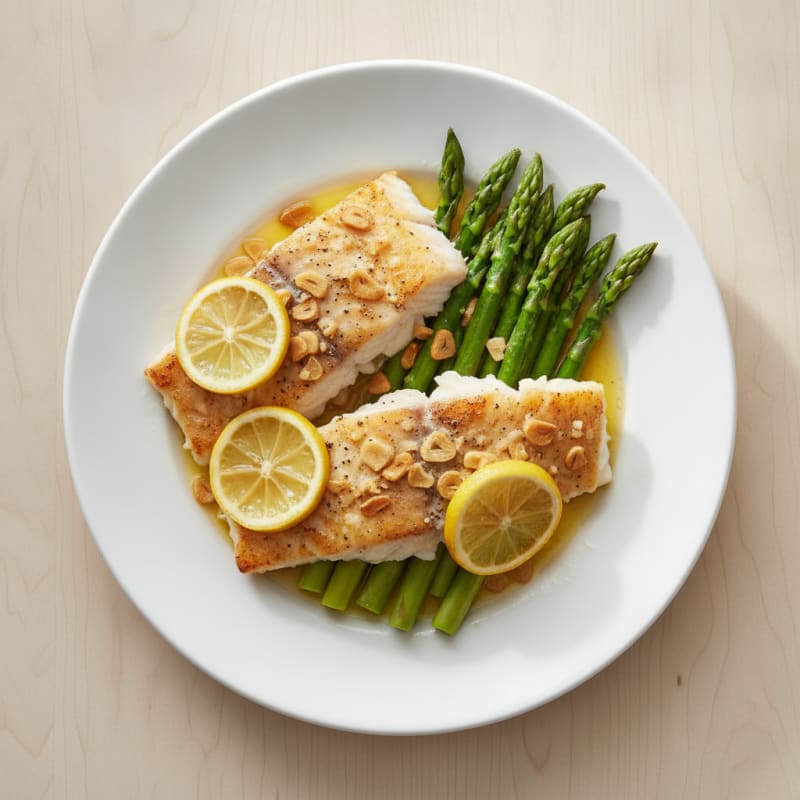 Baked Lemon Garlic Cod with Steamed Asparagus