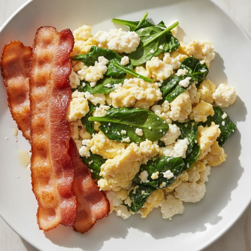Cottage Cheese Egg Scramble with Sautéed Spinach and Turkey Bacon