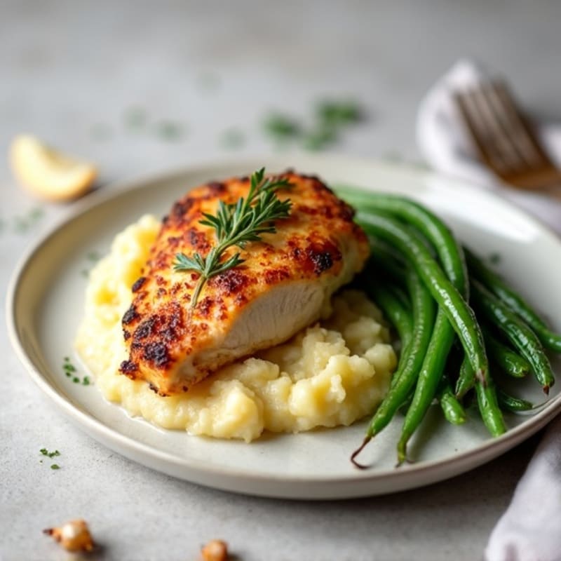 Roasted Chicken with Crispy Green Beans and Creamy Buttery Garlic Mashed Potatoes