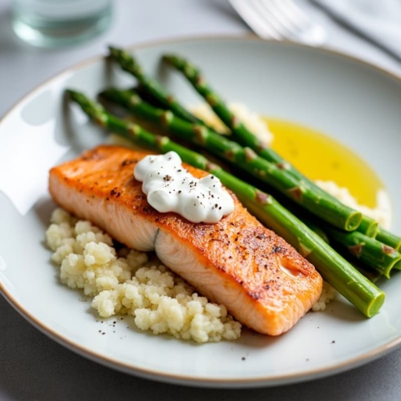 Seared Salmon Fillet with Steamed Asparagus and Cauliflower Mash