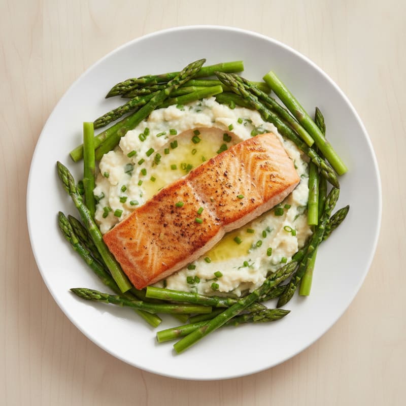 Seared Salmon with Steamed Asparagus and Herb Cauliflower Mash