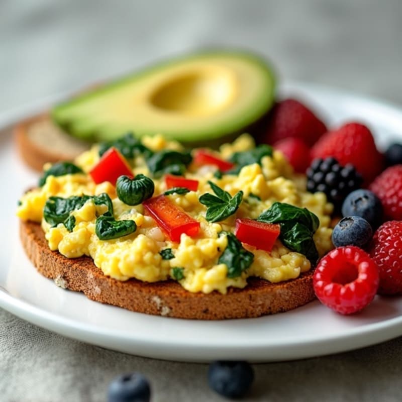 Egg White Veggie Scramble with Sautéed Spinach and Fresh Berries