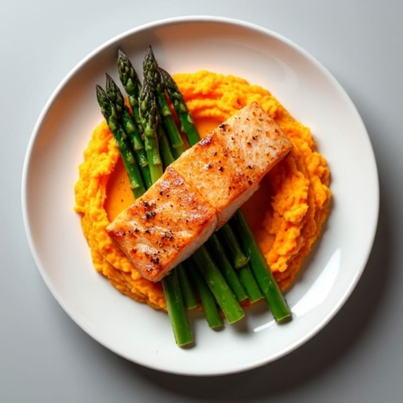 Seared Salmon Fillet with Roasted Asparagus and Sweet Potato Mash