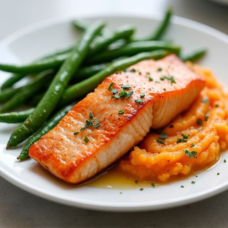 Seared Salmon Fillet with Garlic Green Beans and Sweet Potato Mash