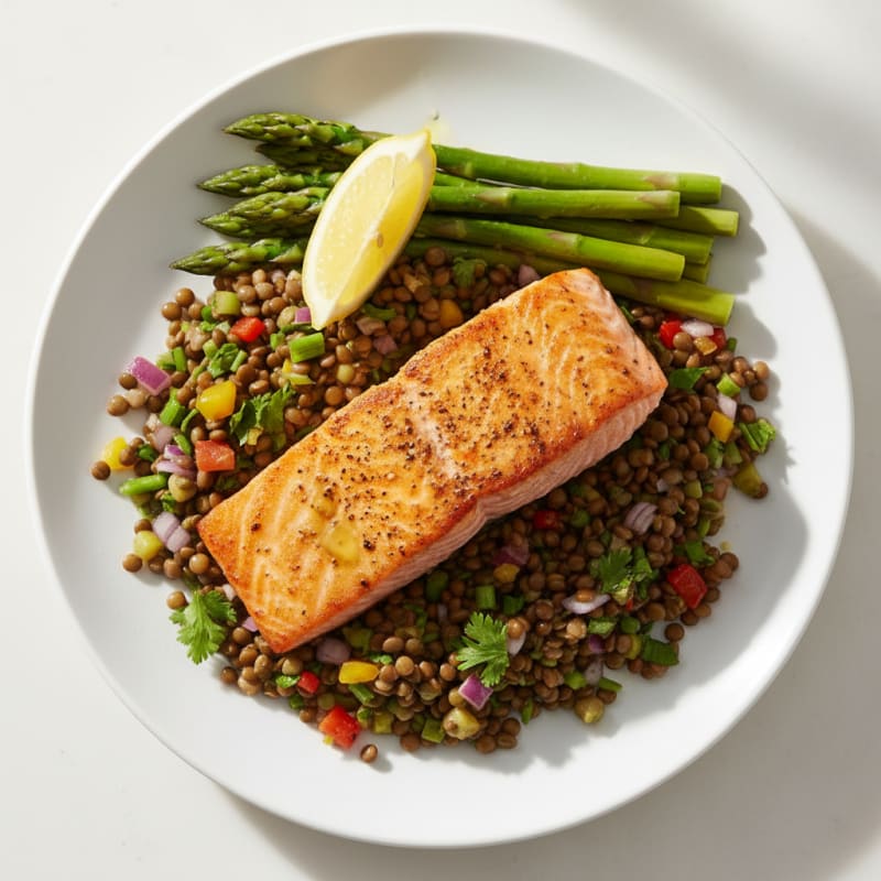 Seared Salmon with Lentil Salad and Steamed Asparagus