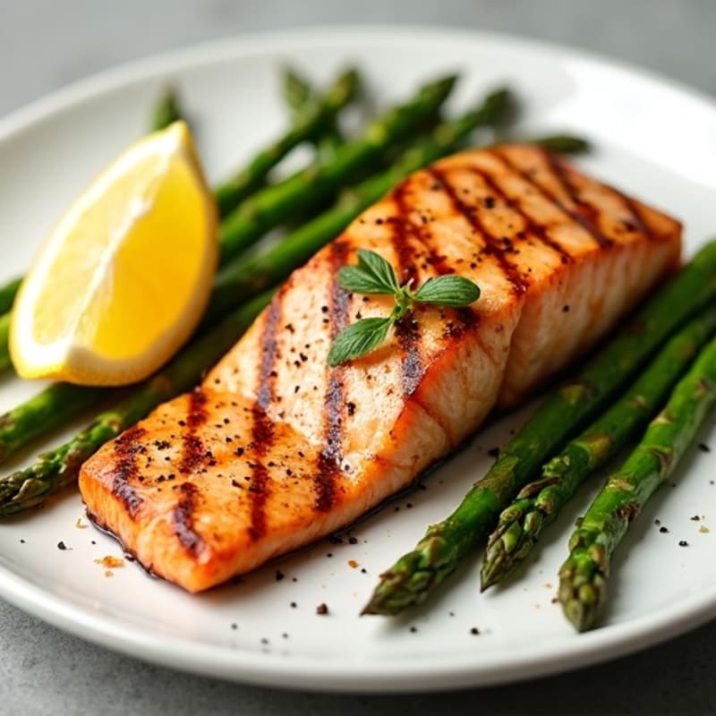 Grilled Salmon with Steamed Asparagus and Lemon
