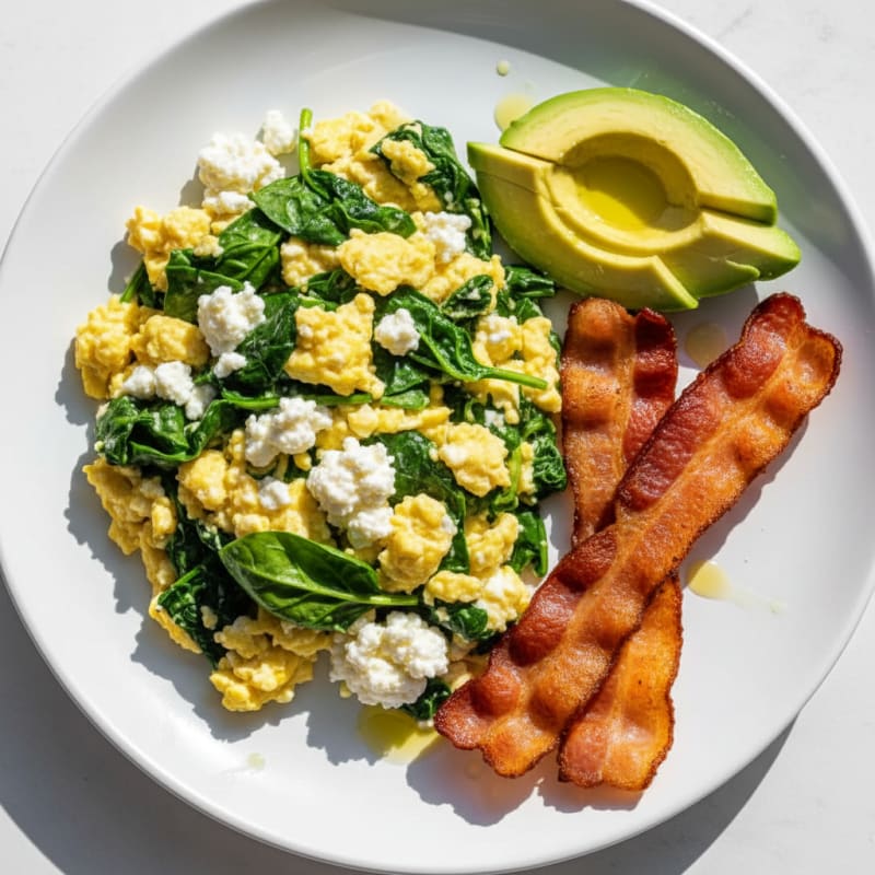 Cottage Cheese Egg Scramble with Spinach and Turkey Bacon