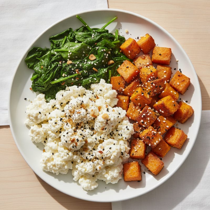 Egg White and Cottage Cheese Scramble with Sautéed Spinach and Roasted Sweet Potato