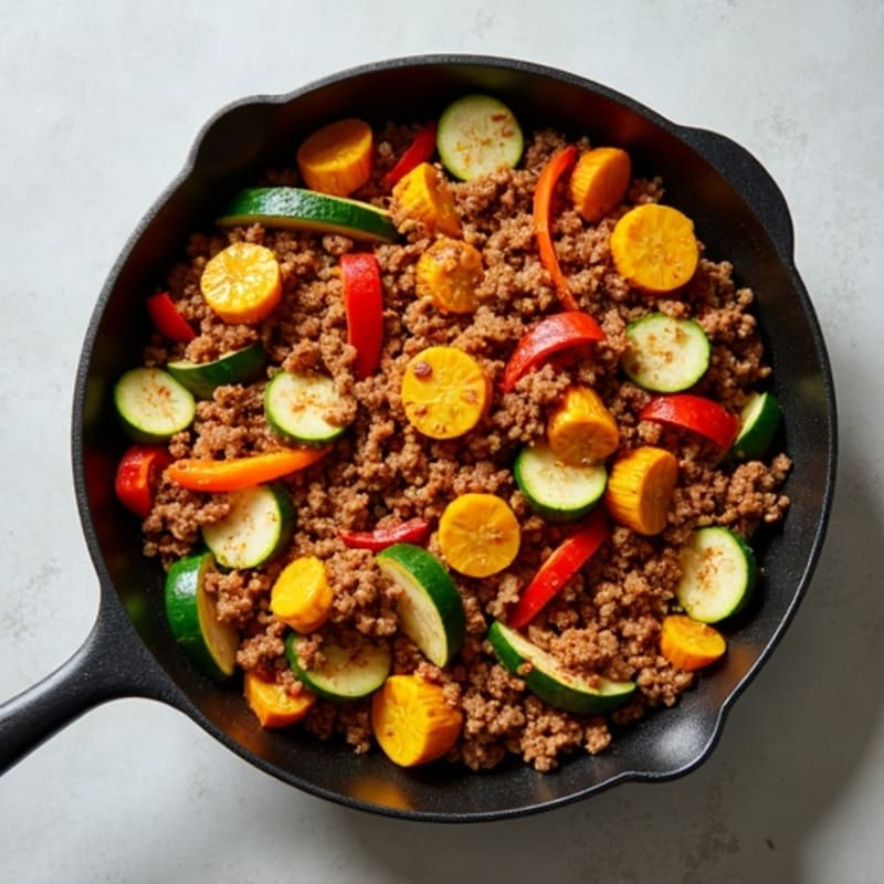 Spiced Ground Turkey and Crispy Roasted Vegetable Skillet
