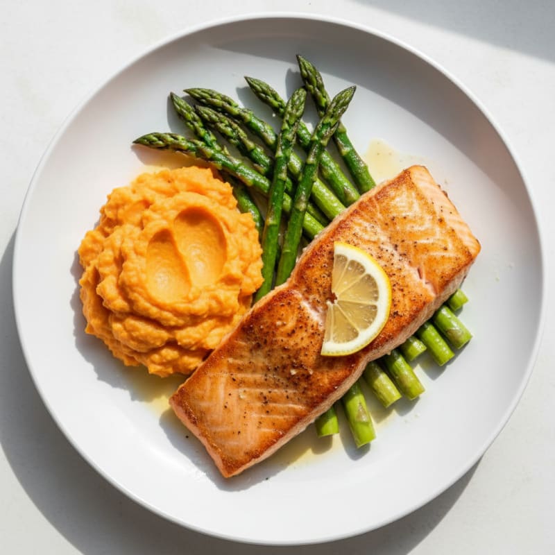 Seared Salmon Fillet with Roasted Asparagus and Sweet Potato Mash