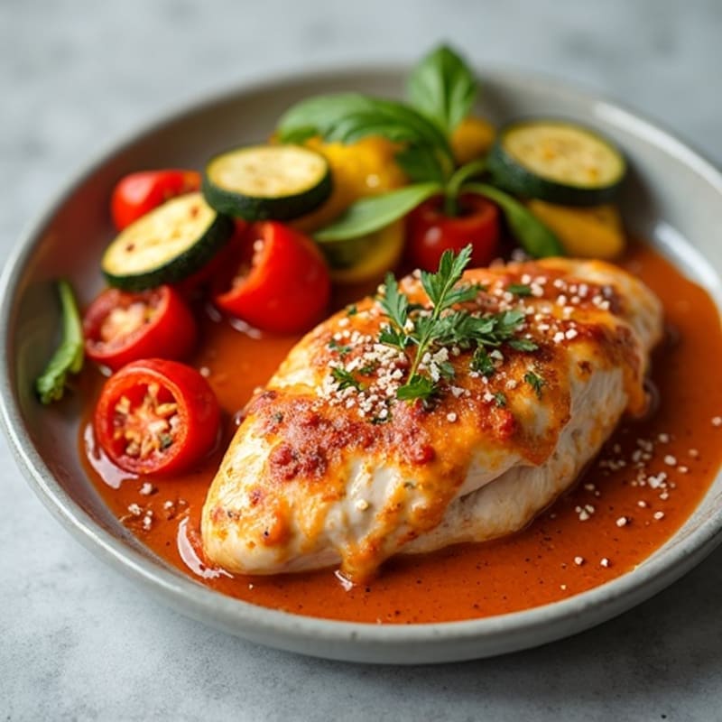 Creamy Tomato-Spiced Chicken with Roasted Vegetables