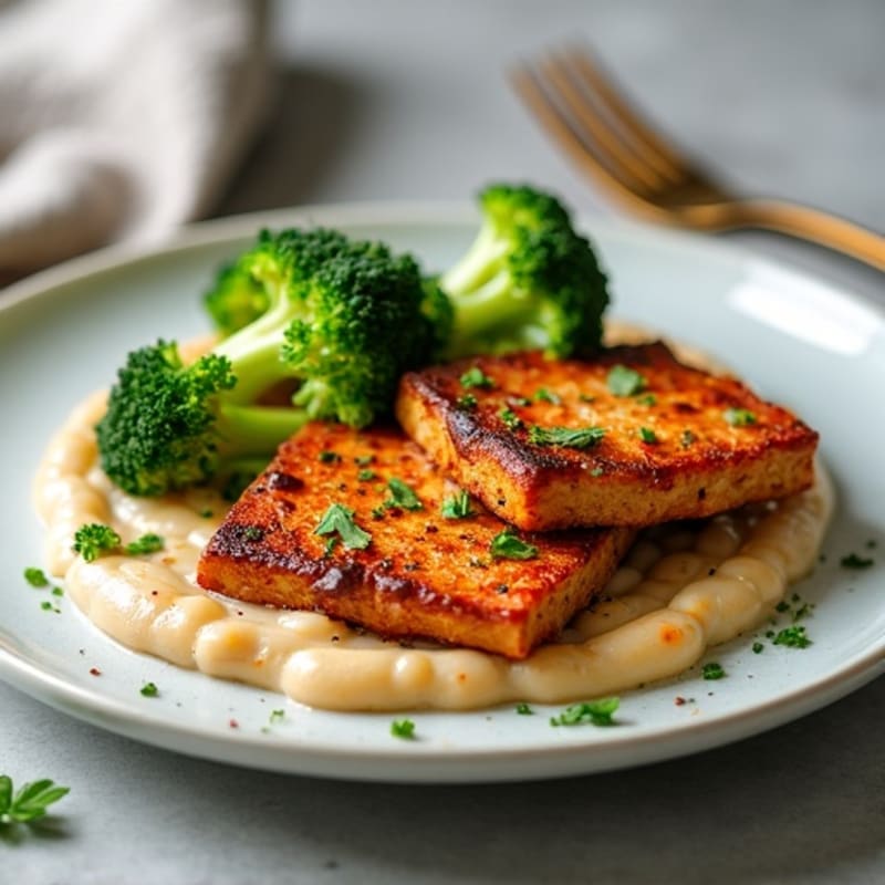 Seared Tempeh Steaks with Roasted Broccoli and White Bean Purée