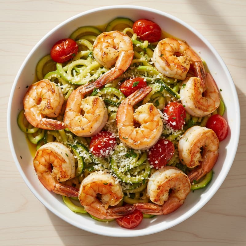 Seared Garlic Shrimp with Zucchini Noodles and Cherry Tomatoes