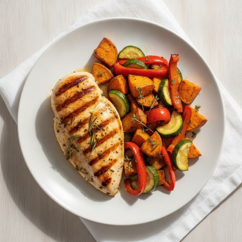 Herb-Marinated Grilled Chicken with Roasted Sweet Potato and Peppers